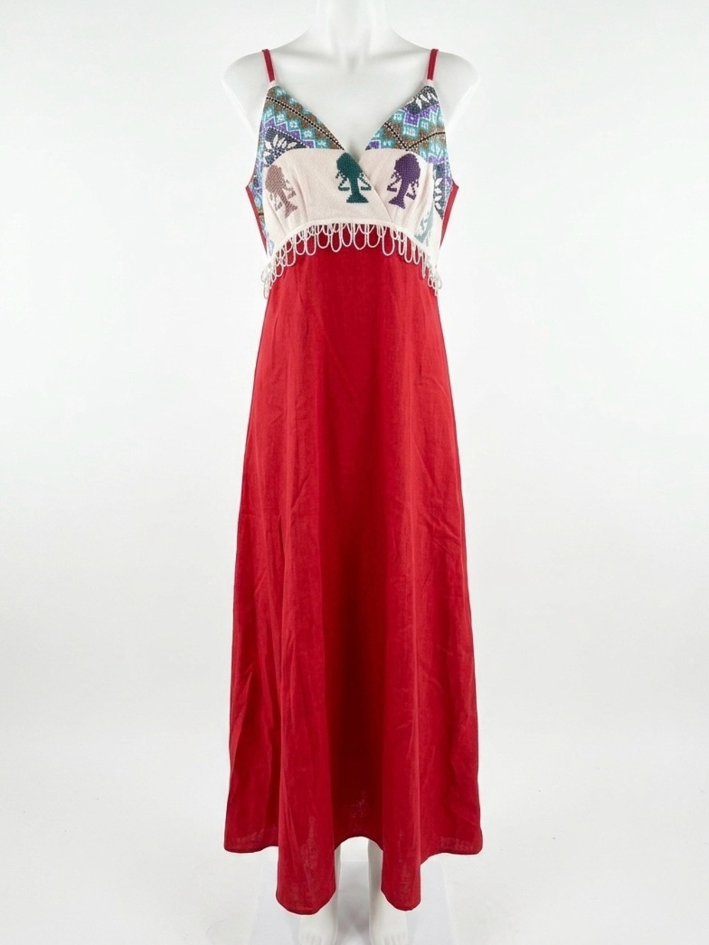 Miciq Rangi Truku Taiwan Indigenous Boho Red Maxi Dress Cross Stitch Beads XS